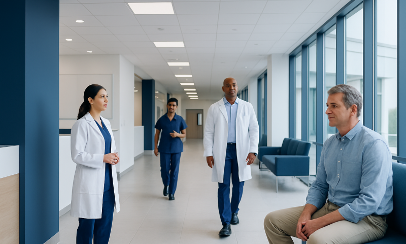 Medical team discussing patient care in hospital corridor.