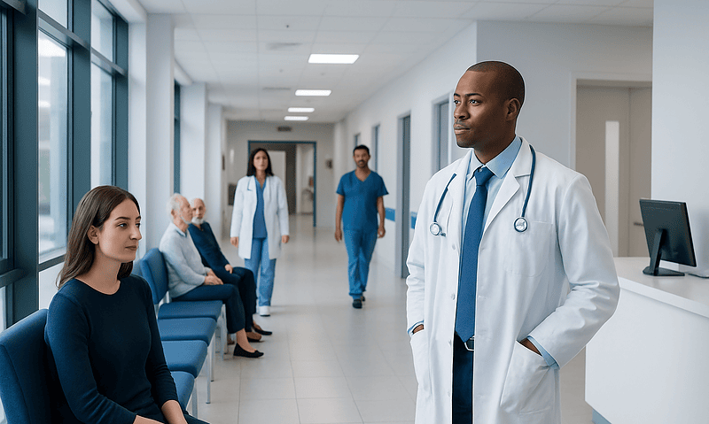 Doctor talking to patient in hospital corridor with waiting patients.