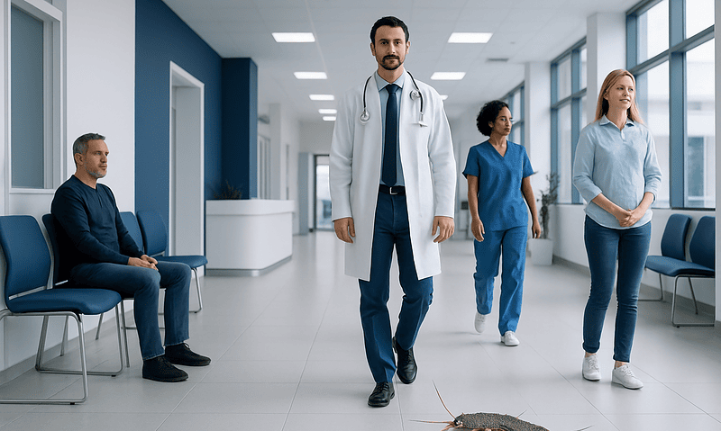 Doctor and nurses in hospital corridor with a large insect on the floor.