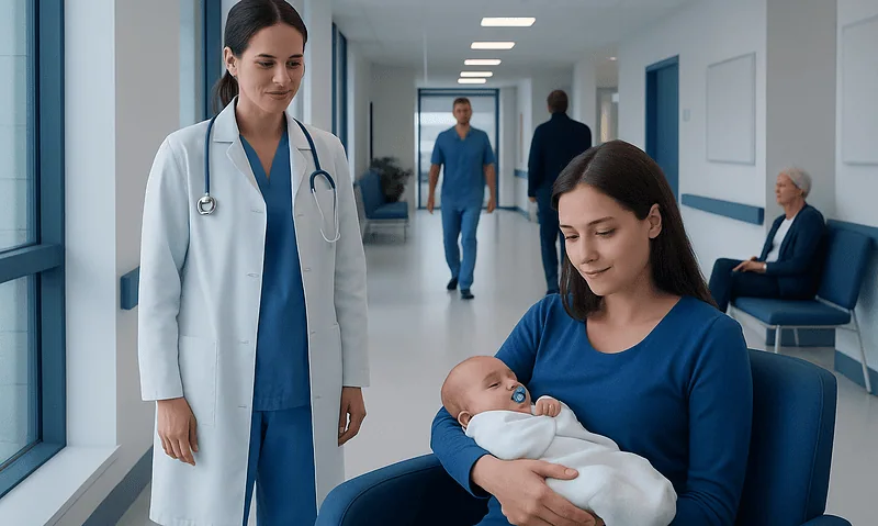 New mother holding a newborn in a hospital corridor with medical staff nearby.