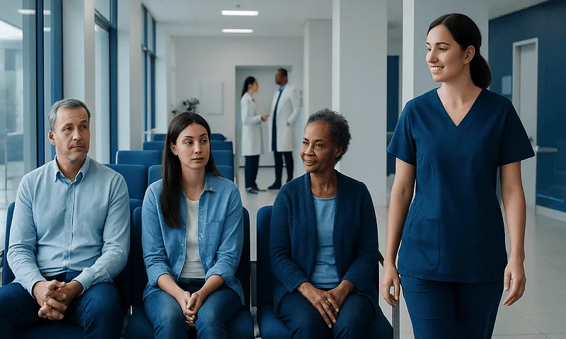Diverse group of patients waiting in a hospital corridor with a nurse approaching.