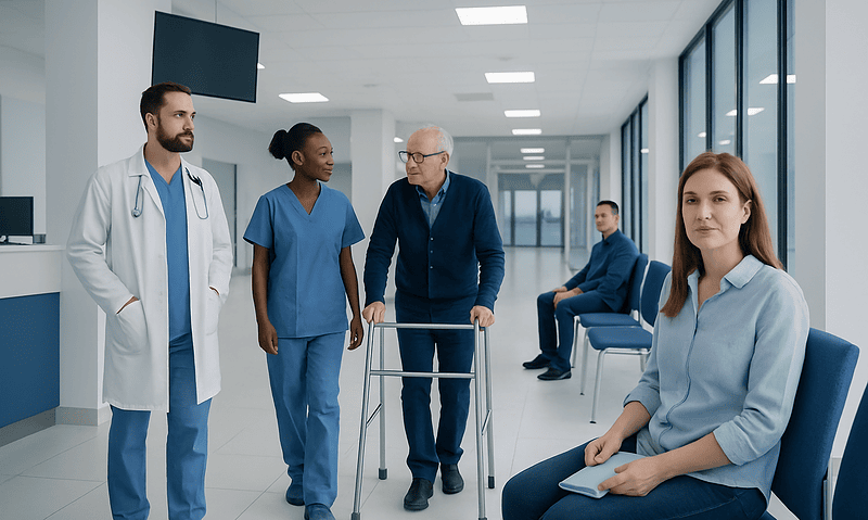 Hospital corridor with medical staff and patients waiting.