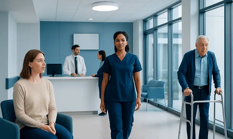 Hospital waiting area with medical staff and patient in modern healthcare facility.