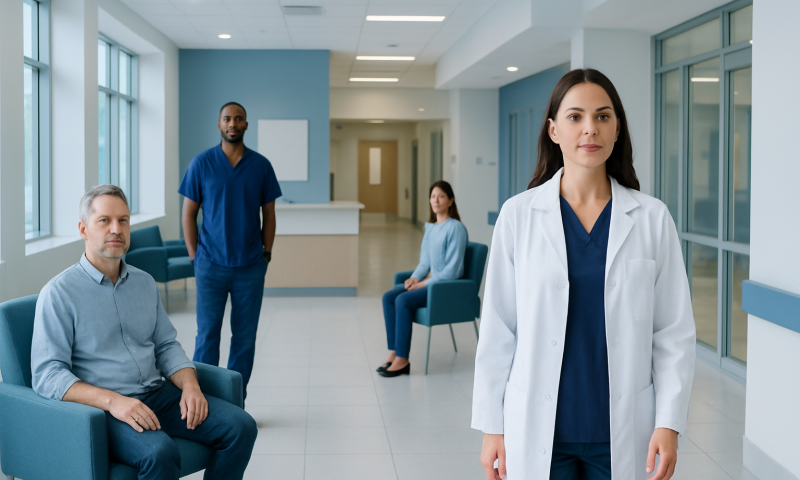 Medical team in hospital waiting area with doctor in foreground.