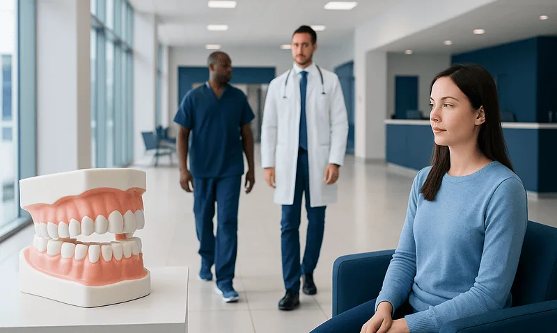 Patient in dental consultation with a model of teeth in a modern clinic.