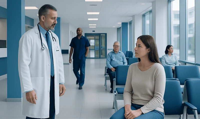 Doctor consulting a patient in a modern hospital corridor.