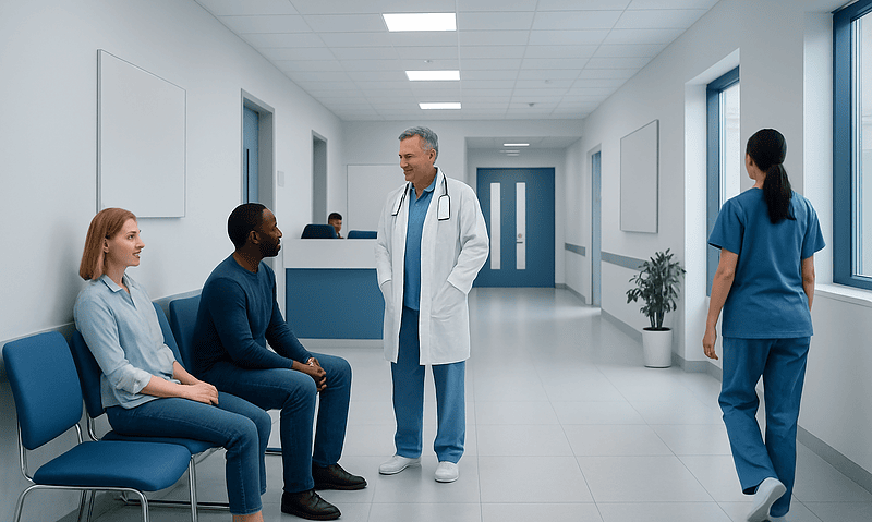 Doctor consulting with patients in a hospital corridor.
