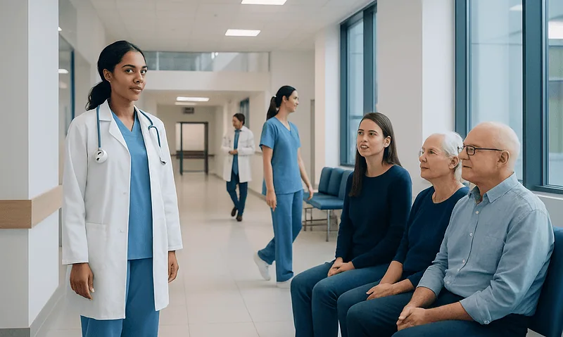 Healthcare professional talking to elderly patients in hospital corridor.