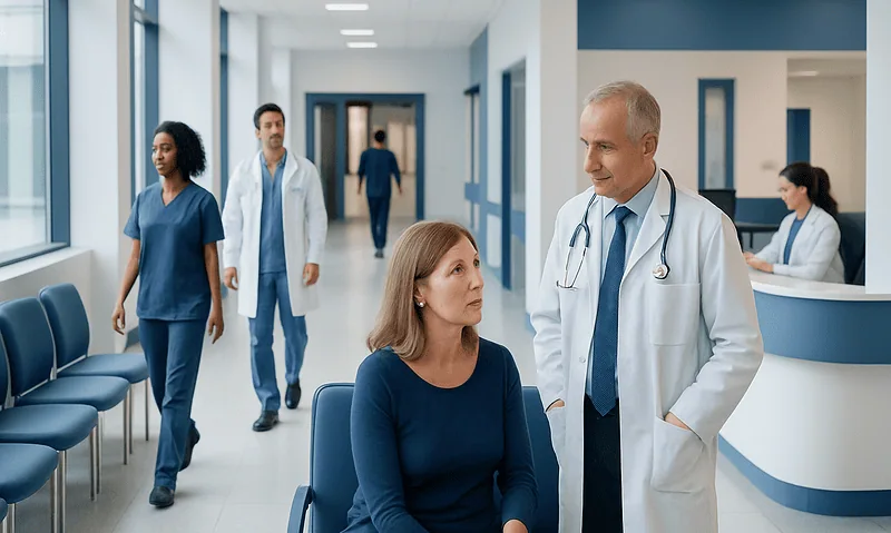Doctor consulting a patient in a hospital corridor with medical staff in background.