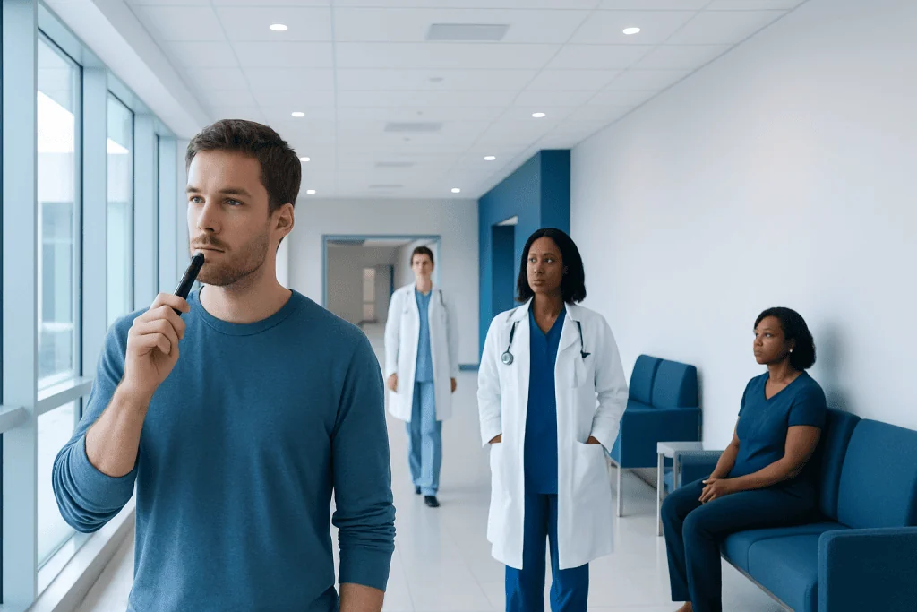 Healthy Vapes — Explained by Medical Evidence, Not Myths 1 Man contemplating in hospital corridor with medical staff and patient nearby.