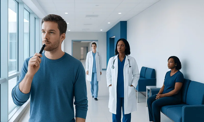Man contemplating in hospital corridor with medical staff and patient nearby.