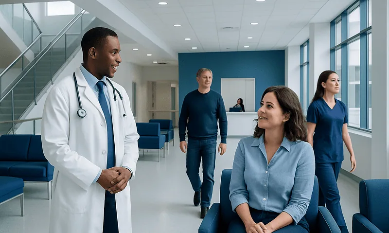 Healthcare professionals and patient in a modern hospital waiting area.
