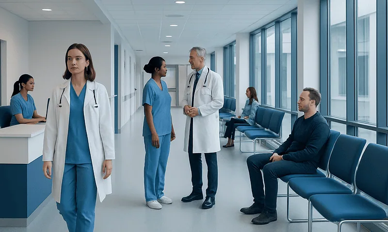Medical professionals and patients in a modern hospital corridor.