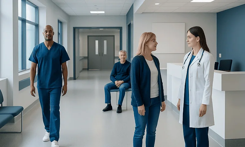 Medical staff and patient in a hospital corridor at Acibadem Hospitals Group.