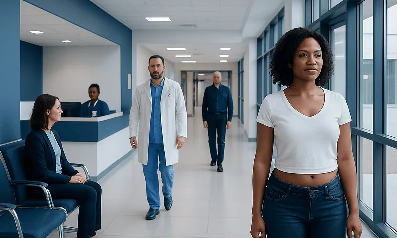 Diverse group of patients and doctors in a modern hospital corridor.