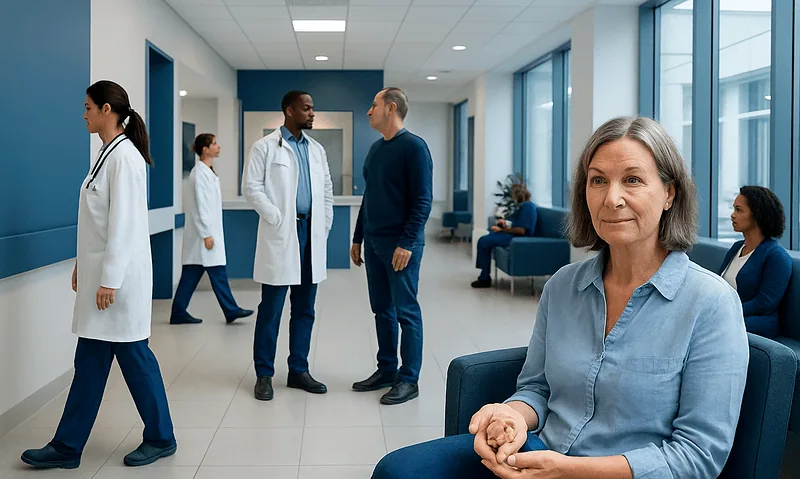Healthcare professionals and patients in a modern hospital waiting area.