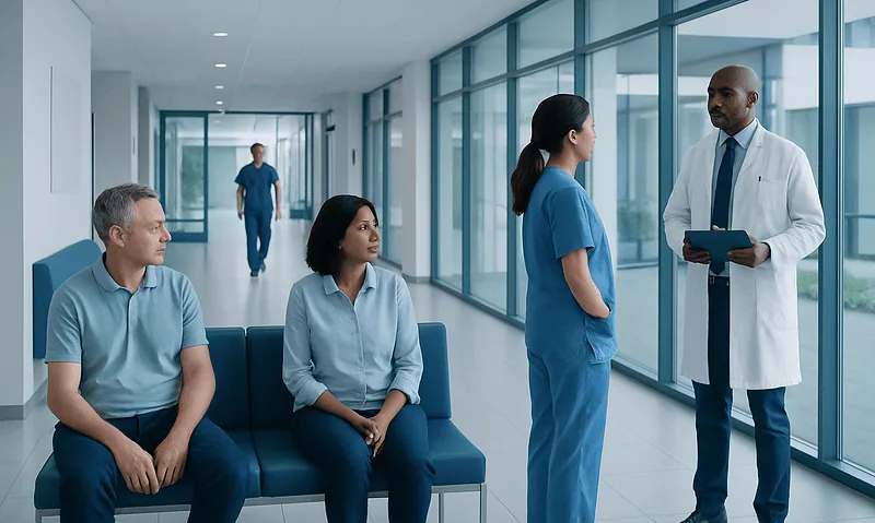 Patients waiting in hospital corridor with medical staff consulting.