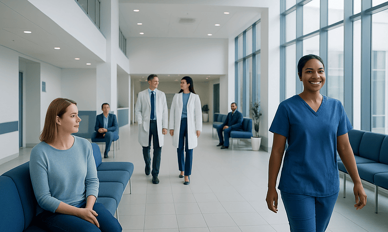 Diverse medical staff in a modern hospital lobby with large windows.