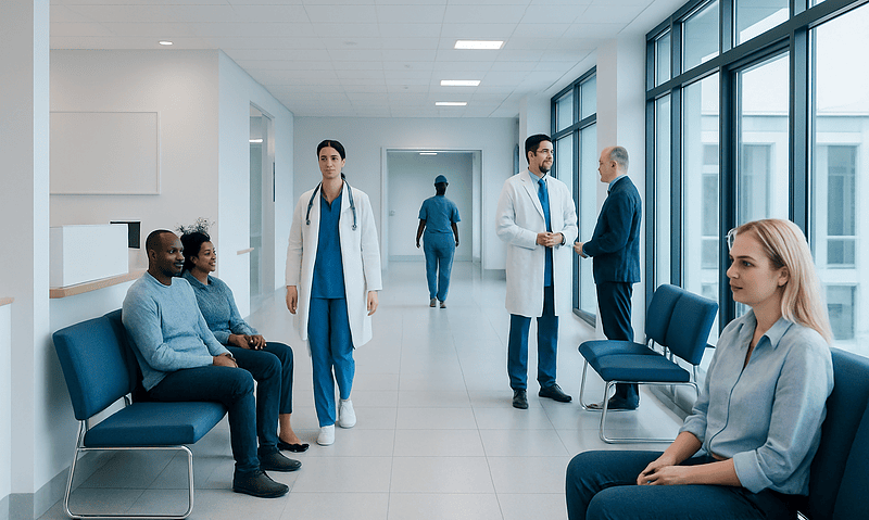 Hospital waiting area with patients and medical staff in a modern facility.