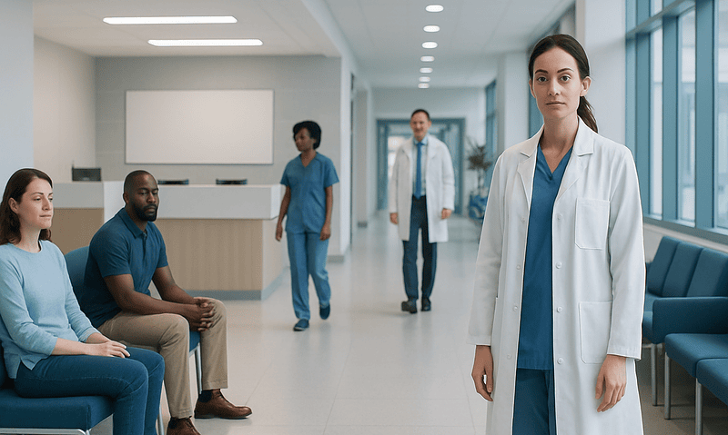 Healthcare professionals and patients in a modern hospital corridor.