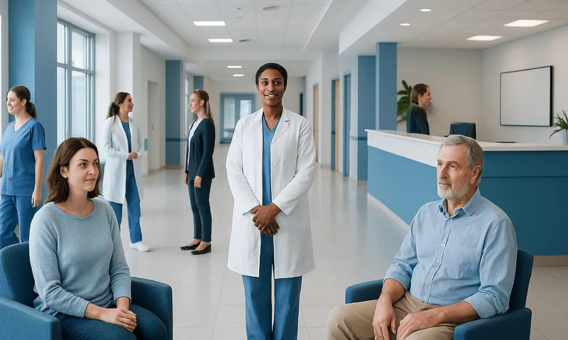 Healthcare professionals and patients in a modern hospital lobby.
