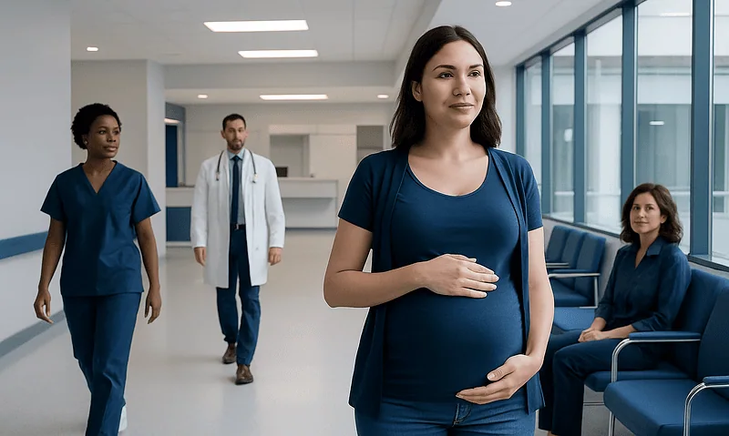 11 Weeks Pregnant Explained: Causes, Management, and When to See a Doctor 8 Pregnant woman in hospital corridor with medical staff and waiting area.