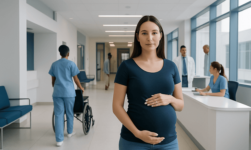 Pregnant woman in hospital corridor with medical staff and wheelchair.