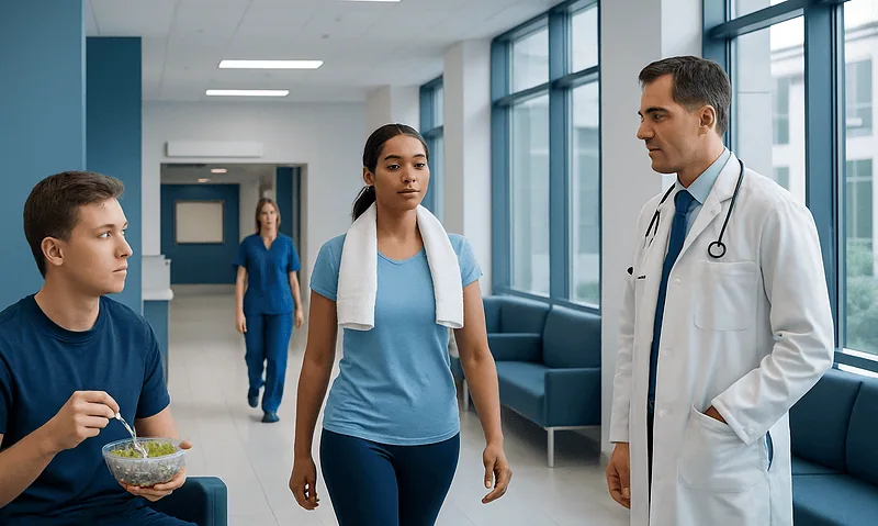 Doctor talking to young patients in a hospital corridor.