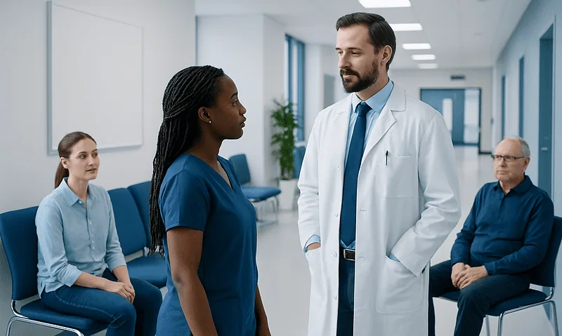 Doctor talking to a patient in a hospital corridor with waiting patients.