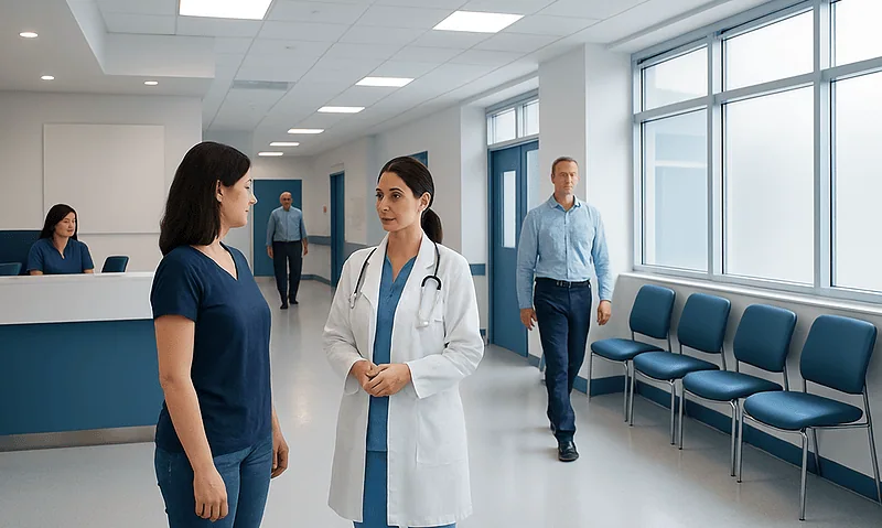 Medical professionals discussing patient care in a modern hospital corridor.