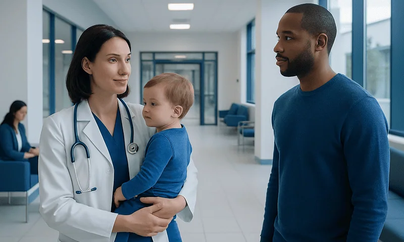 Doctor with a young patient in a hospital corridor.