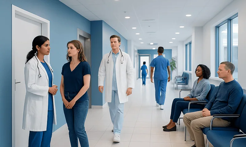 Medical team consulting patients in hospital corridor at Acibadem Hospitals Group.