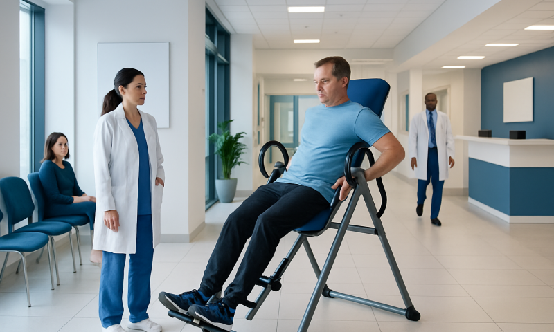 Patient using inversion table in a hospital corridor with medical staff nearby.