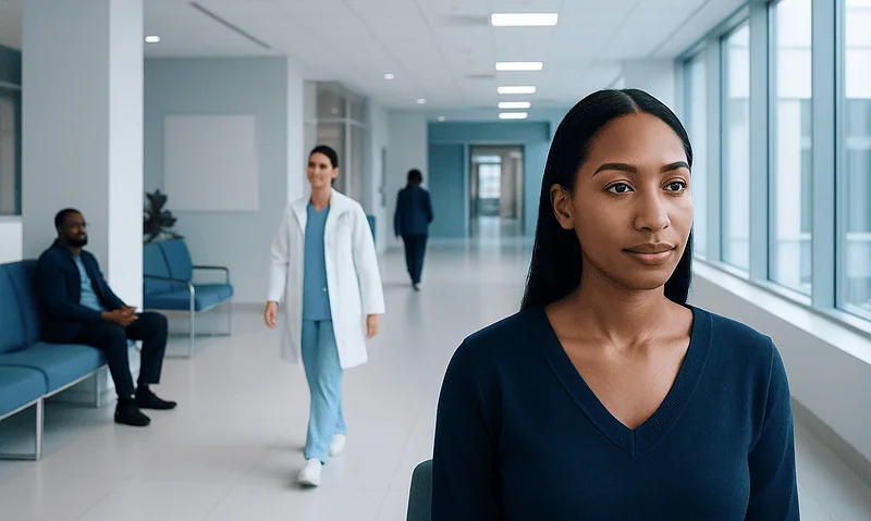 Diverse group of medical professionals in a modern hospital corridor.