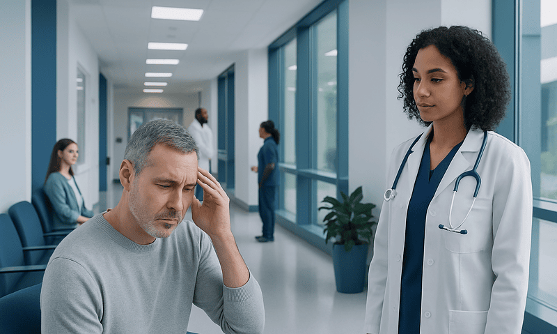 Patient experiencing headache in hospital corridor with doctor nearby.
