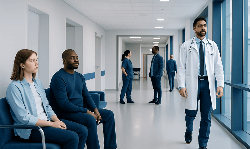 Medical professionals waiting in a hospital corridor with a doctor walking by.