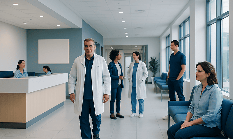 Medical team in hospital corridor with doctor and patients.