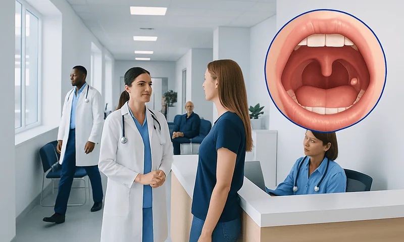 Medical consultation in a hospital with a focus on oral health.
