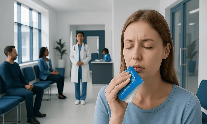 Young woman applying cold compress to her forehead in a clinic.
