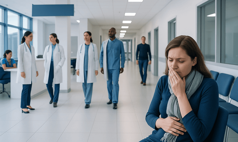 Young woman feeling nauseous in hospital corridor with medical staff nearby.
