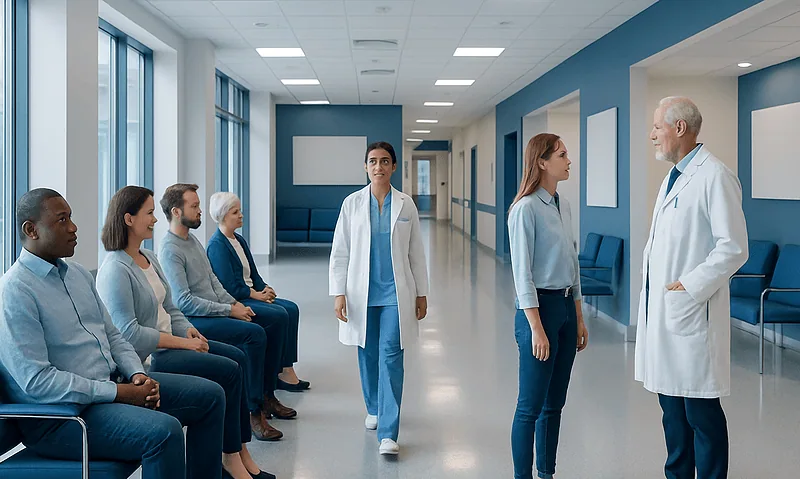 Medical team consulting patients in a hospital corridor.