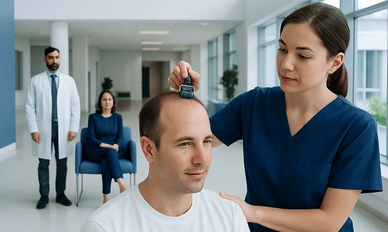 Medical professional performs scalp examination with dermaroller device.