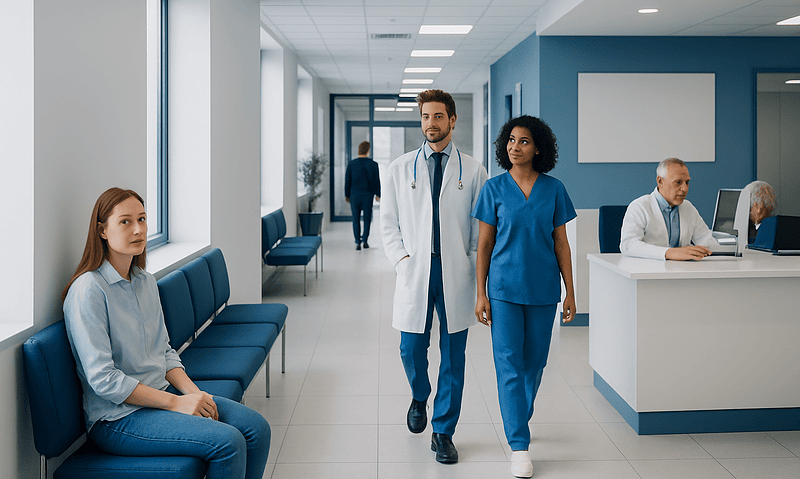 Healthcare professionals walking in hospital corridor with patient waiting area.