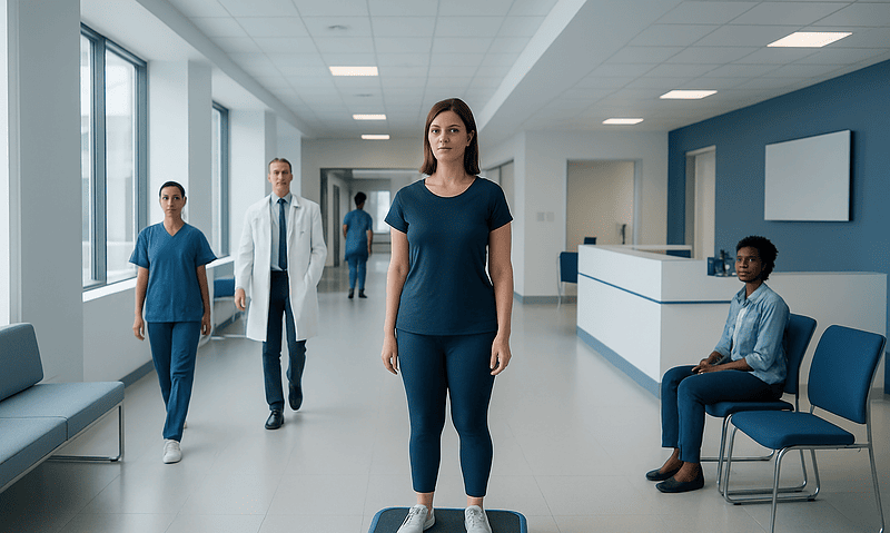 Patient on vibration plate in hospital corridor with medical staff nearby.
