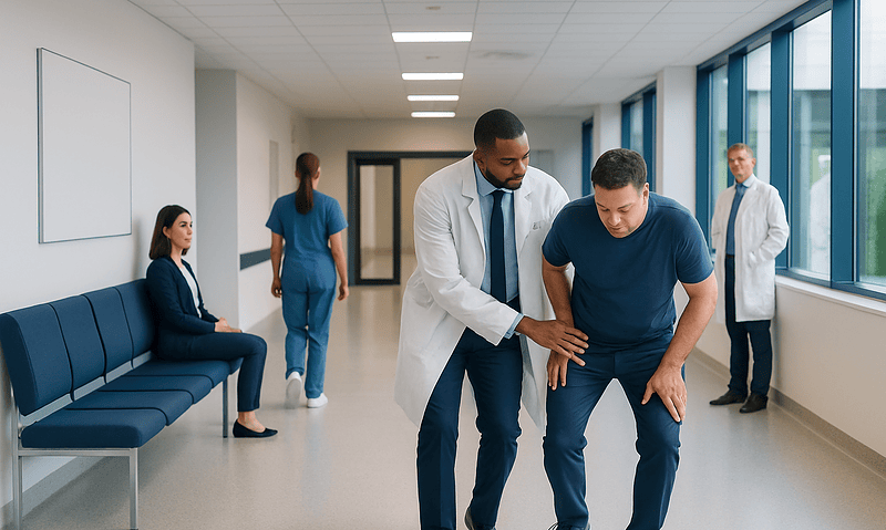 Doctor examines young male patient with groin pain in hospital corridor.