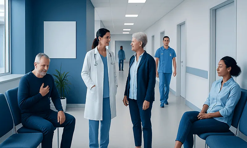 Medical team consulting with patient in hospital corridor.