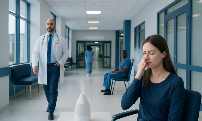 Medical staff and patient in hospital corridor with humidifier device.