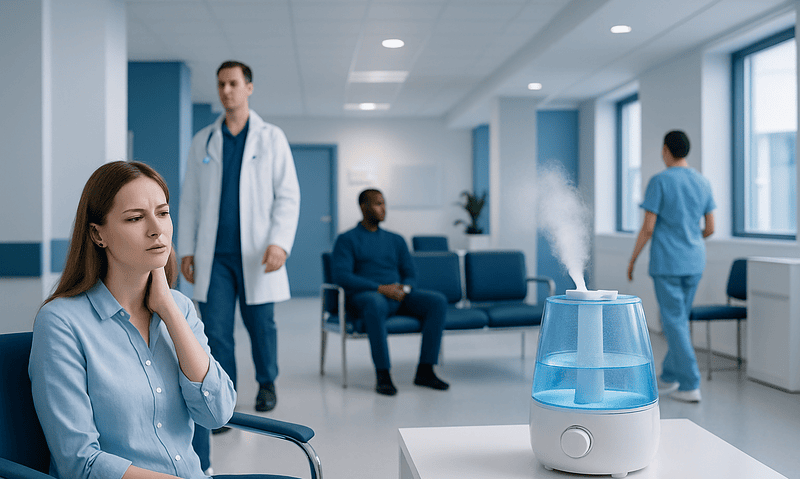 Humidifier emitting mist in a hospital waiting area with patients and staff.