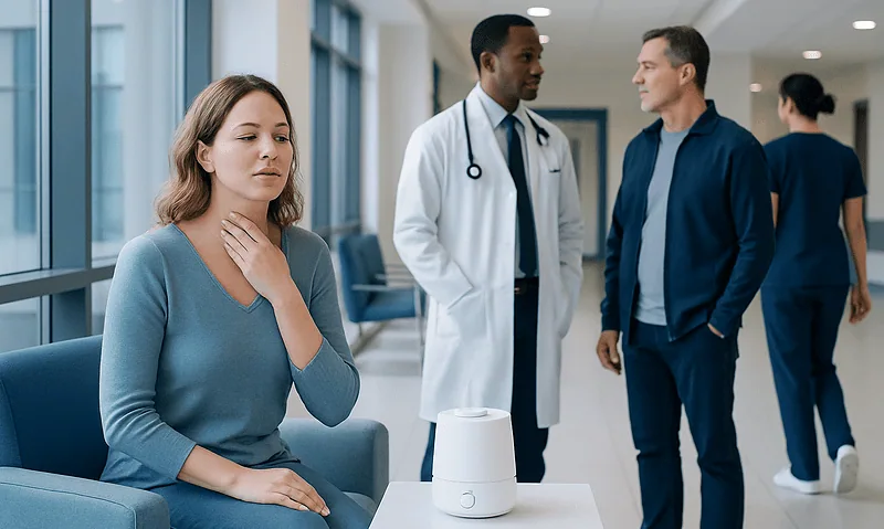 Patient using a humidifier in a hospital setting for voice health.
