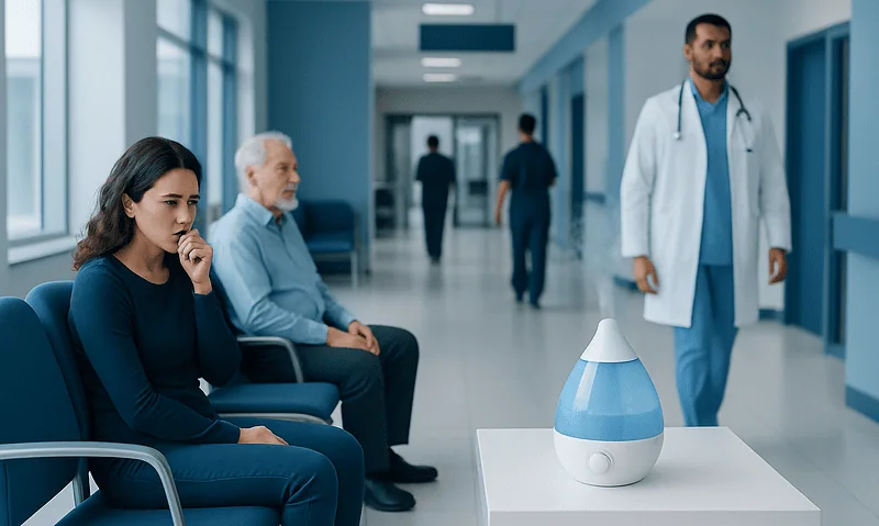 Humidifier in hospital corridor with patients and doctor.